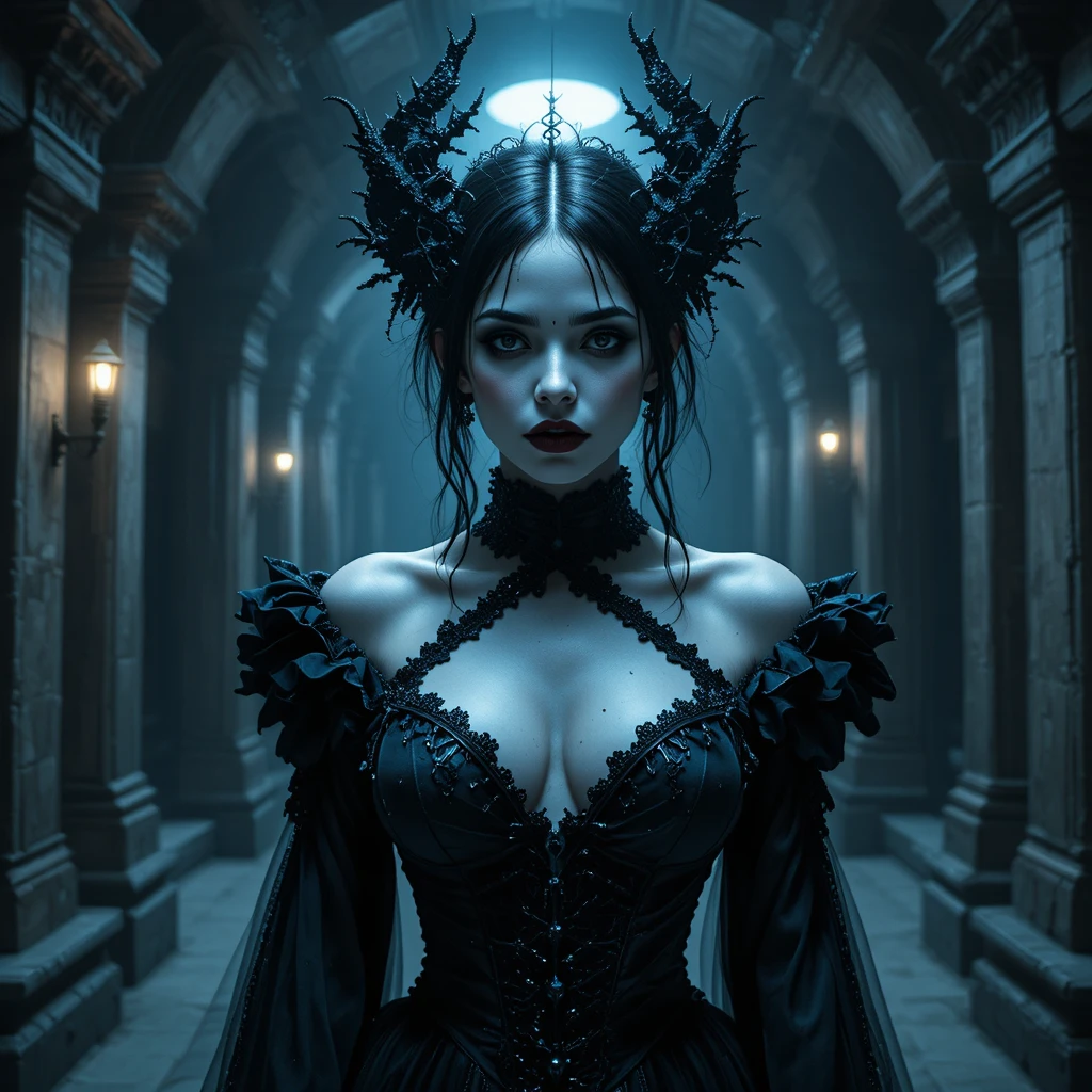 Mulher vampira sombria em um tribunal gótico subterrâneo