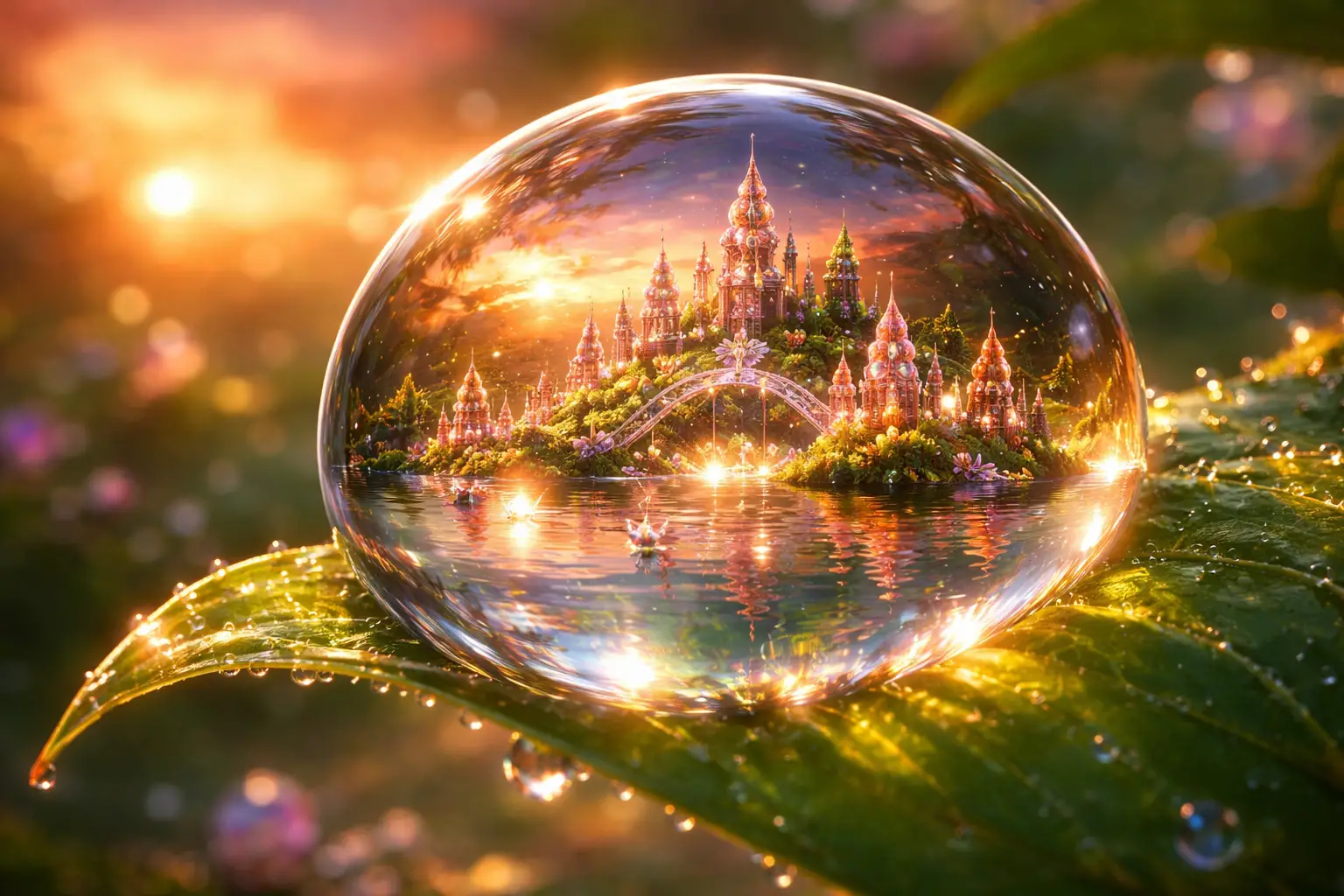 Miniature surreal city floating on a glowing dewdrop