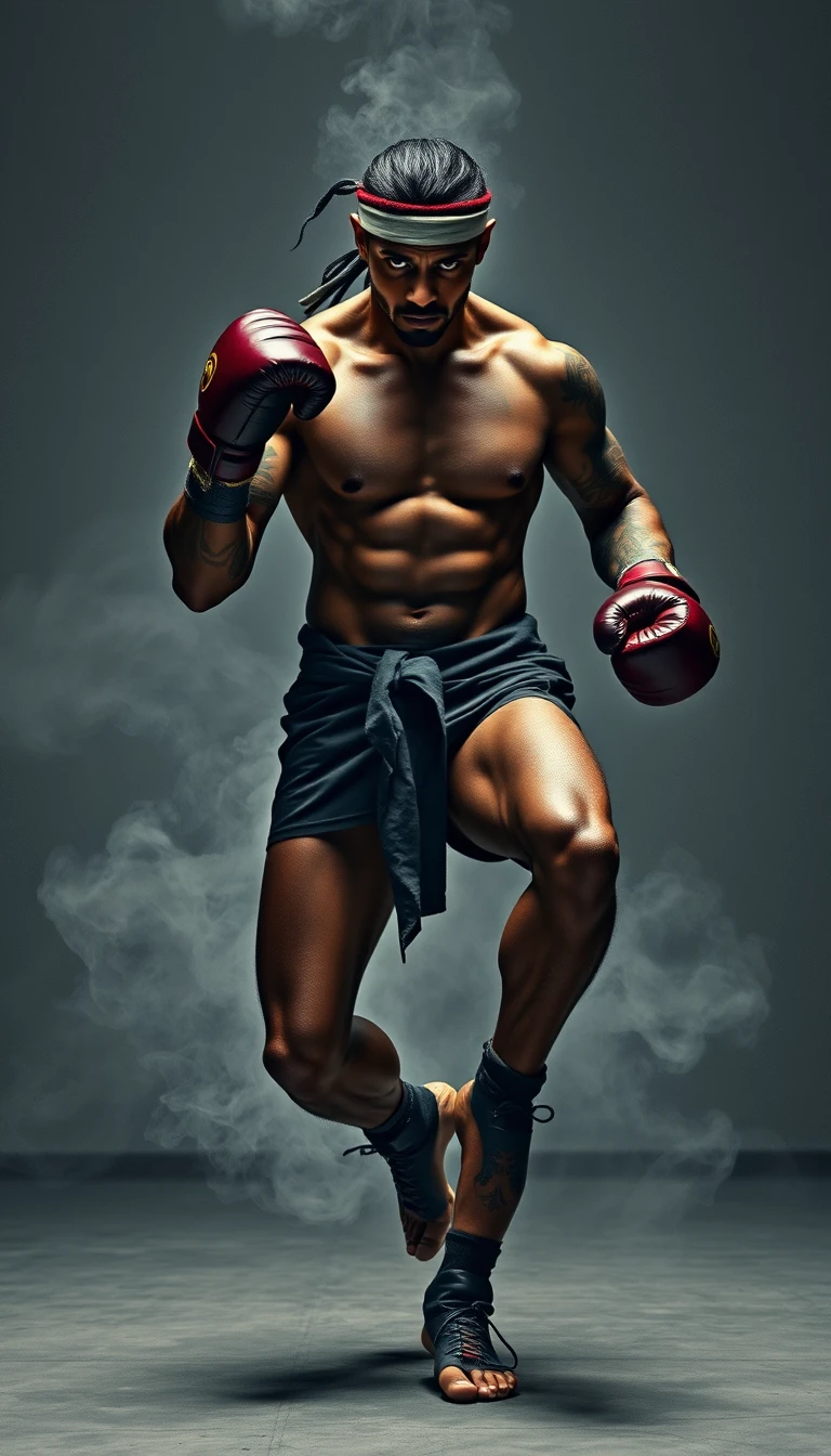 Muskulöser Kickboxer in Rüstung posiert im rauchigen Fitnessstudio
