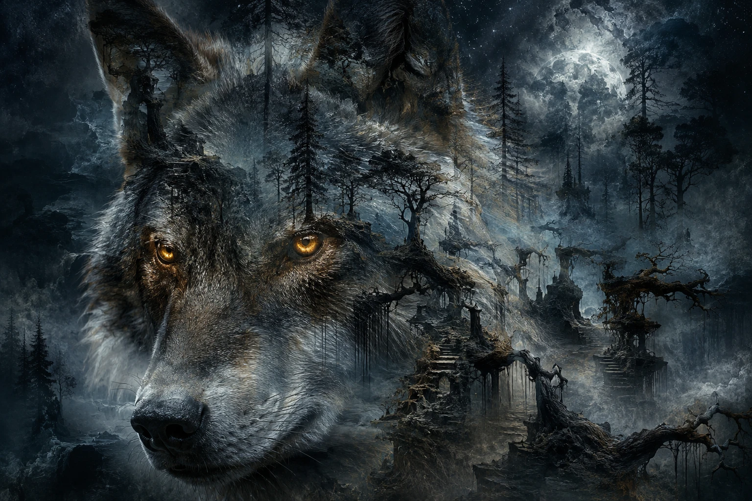 Lobo surreal em close-up em floresta de pinheiros enevoada ao luar
