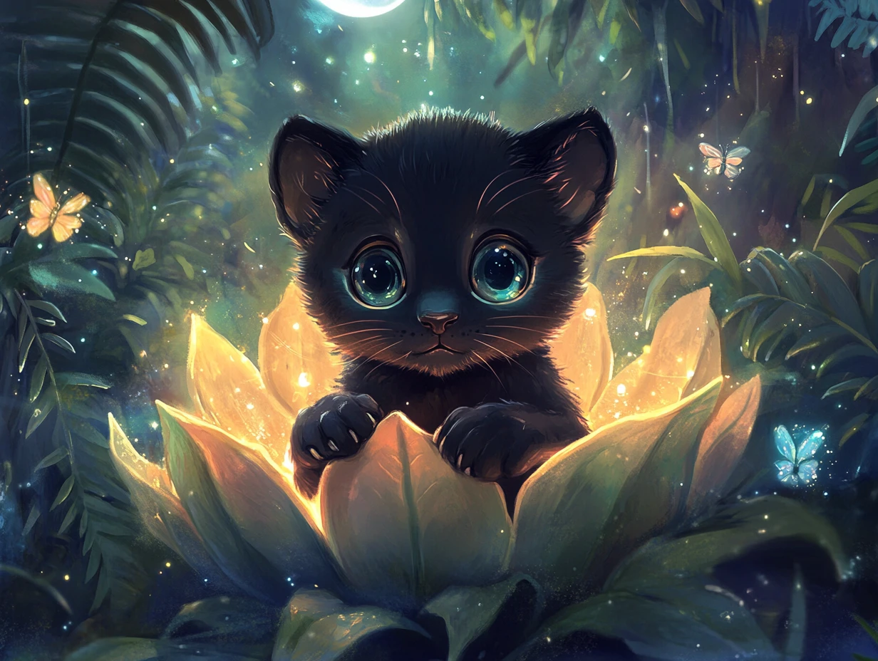 Bébé panthère dans une fleur enchantée lumineuse la nuit