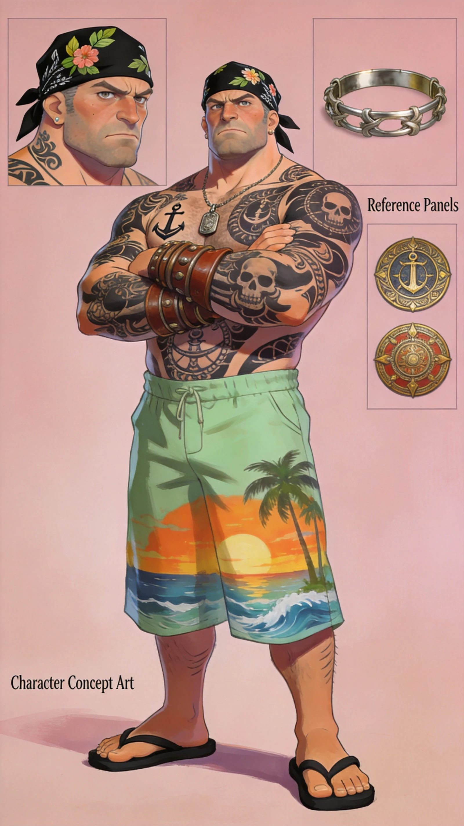 Hombre tatuado con pañuelo floral y shorts tropicales