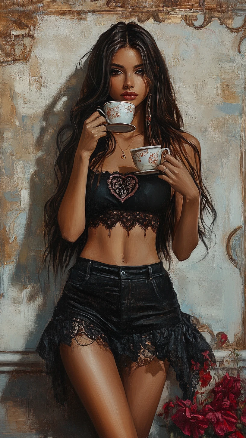Chica bronceada sonriente disfrutando de un café en San Valentín