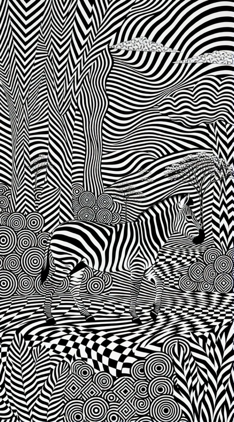 Zebra em uma Floresta Monocromática – Cena Op Art em Tríptico