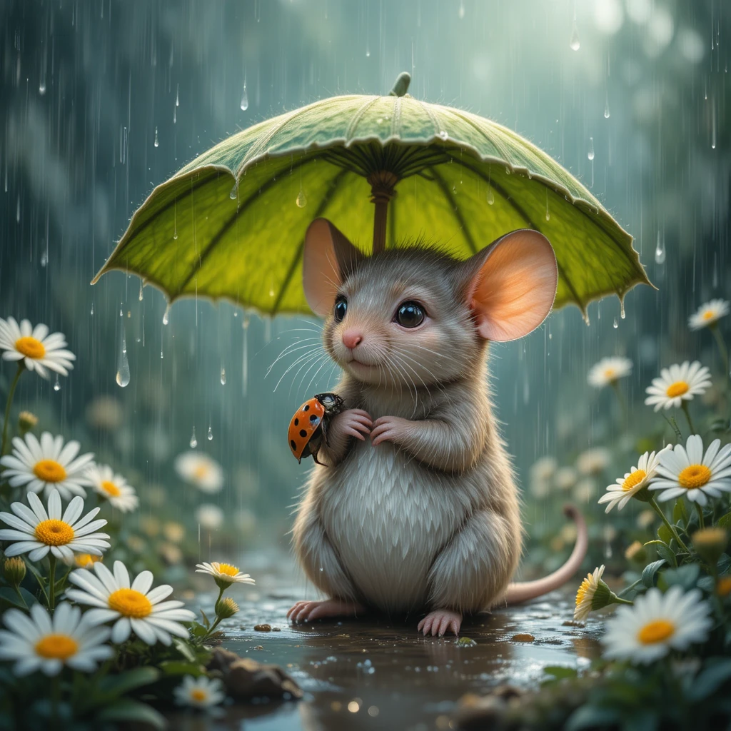 Winzige Maus, die bei sanftem Regen unter einem Blatt Schutz sucht