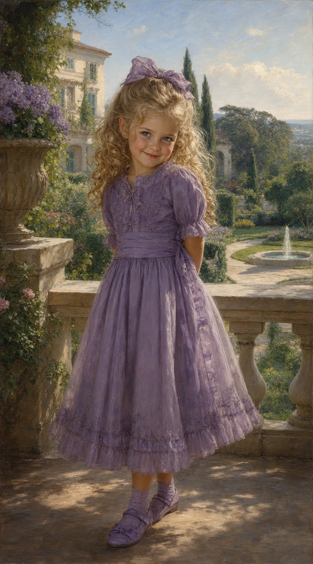 Menina pequena em um terraço de vila na suave luz da manhã