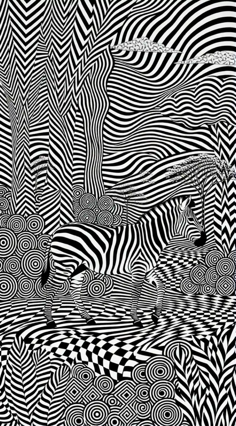 Zebra In A Monochrome Forest Triptych Op Art Scene