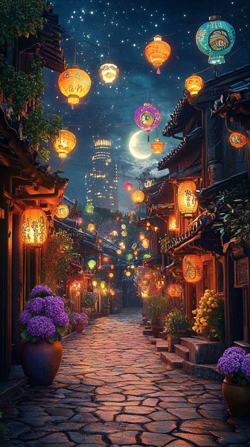 Beco iluminado por lanternas psicodélicas com prédios asiáticos tradicionais