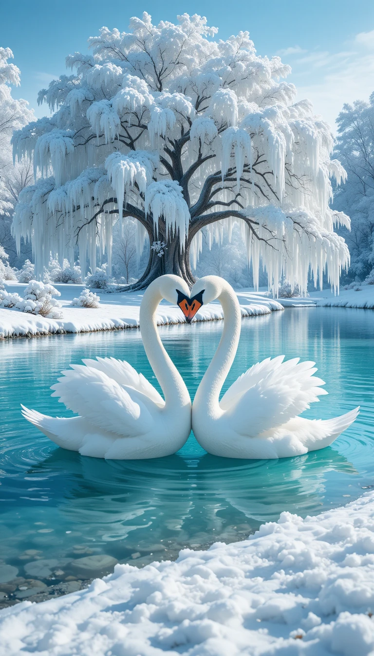 Cygnes romantiques formant un cœur sur un lac enneigé