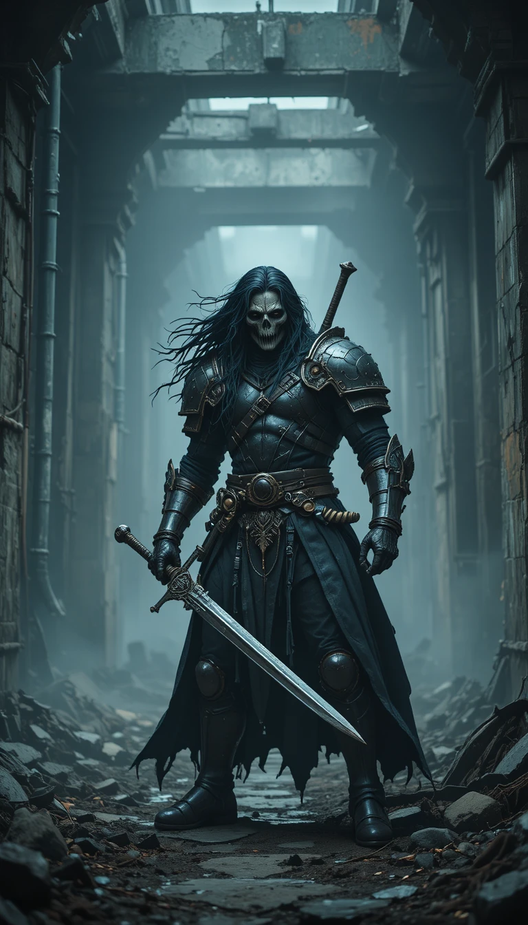 Guerrier de dark fantasy en armure avec épée dans des ruines industrielles
