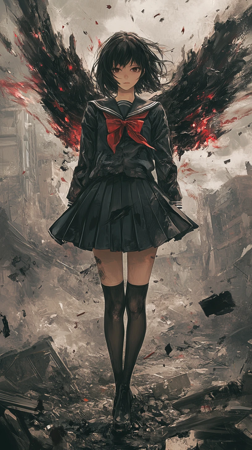 Escolar de anime con alas de sangre en ciudad en ruinas