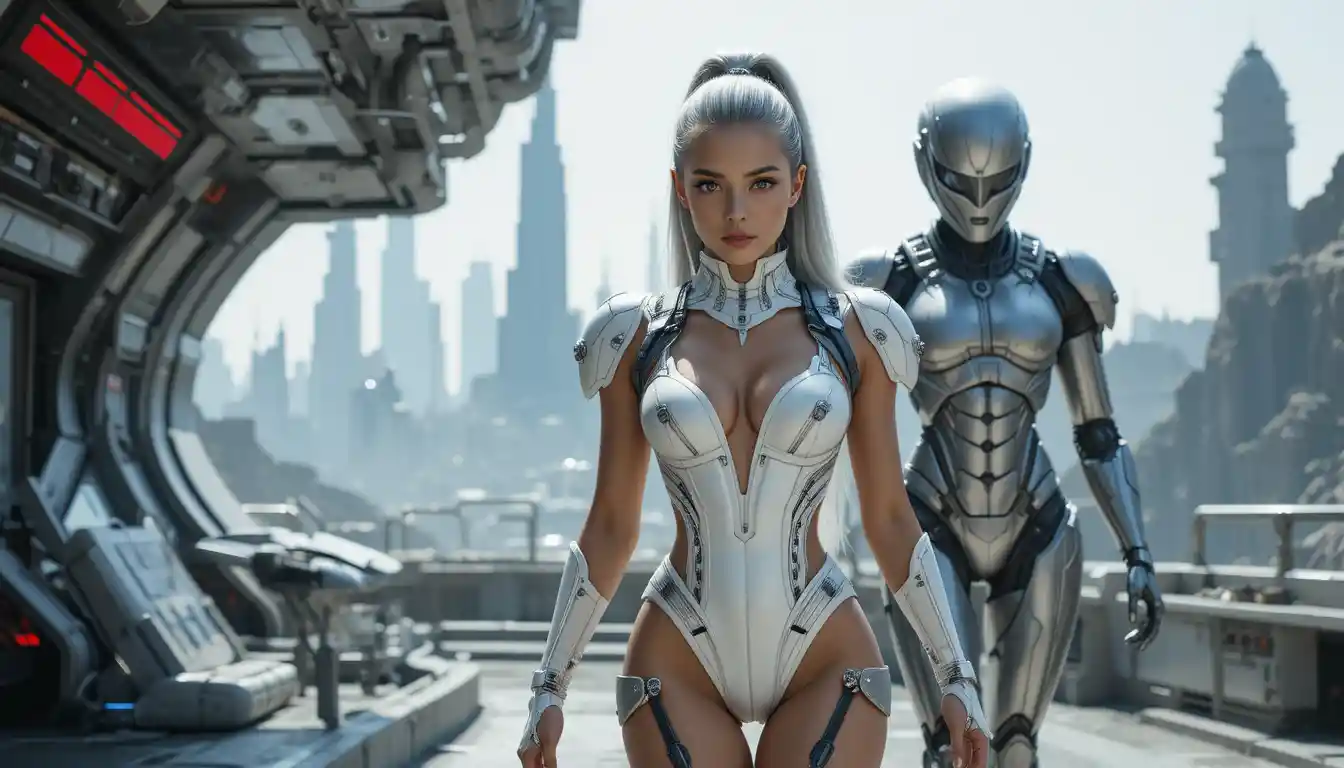Procace donna sci-fi che avanza in una città futuristica