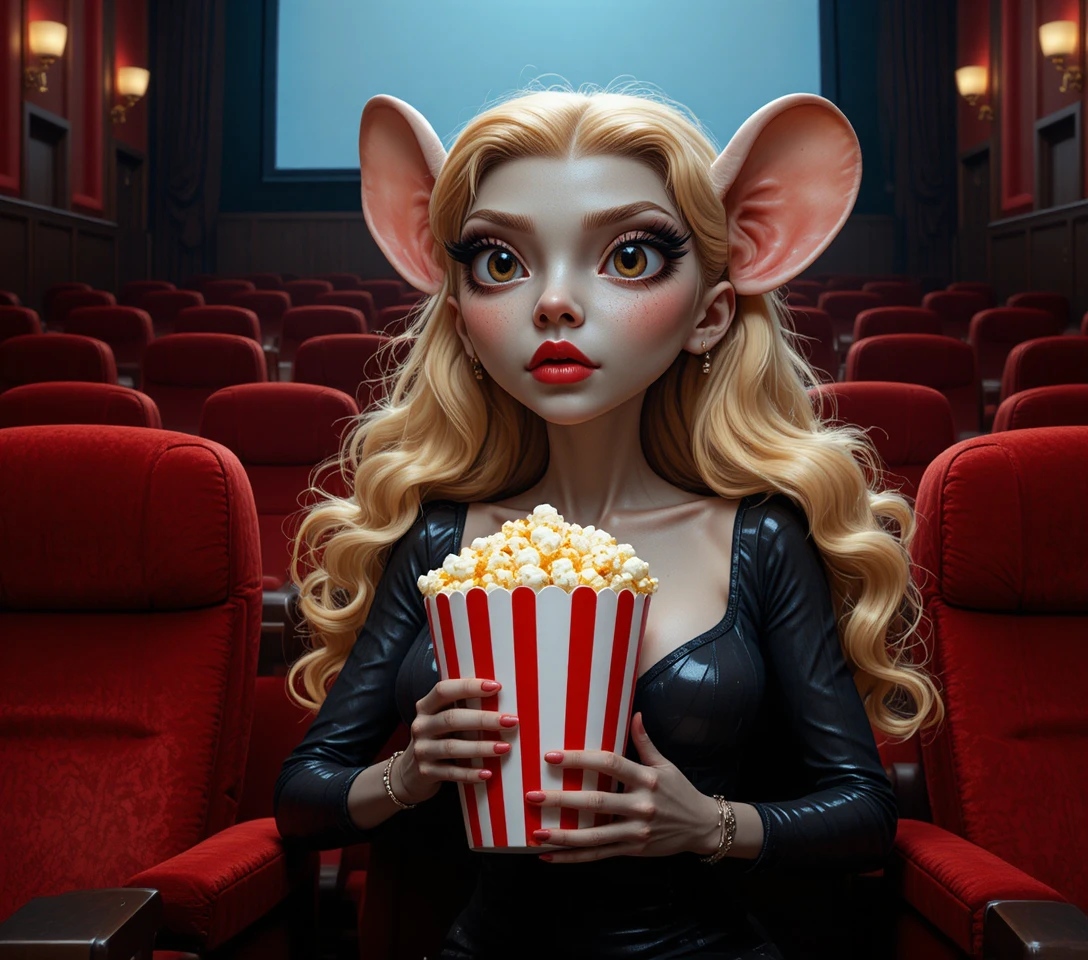 Ratón antropomórfico gris viendo una película con palomitas