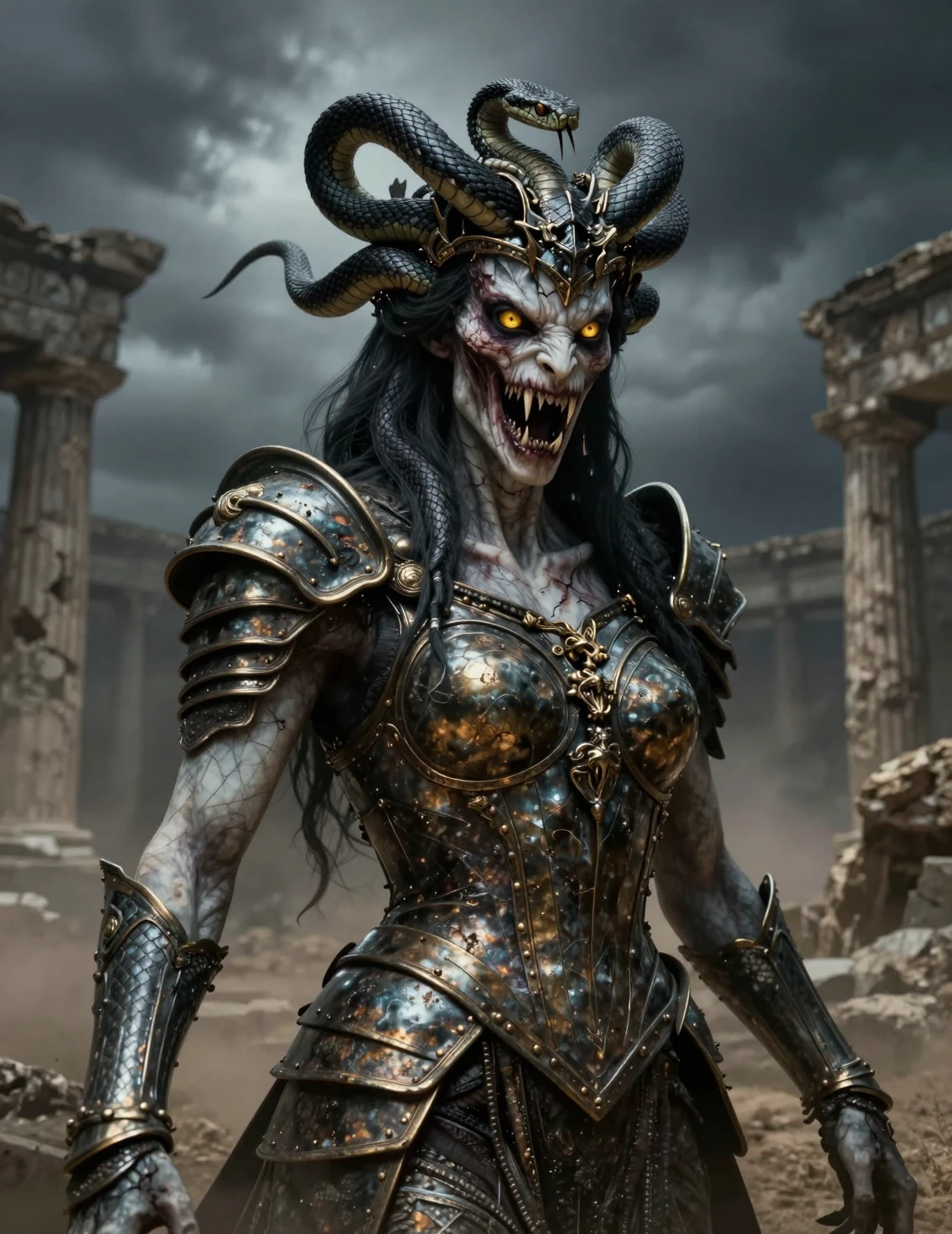 Reina gorgona emergiendo de ruinas griegas antiguas hechas añicos