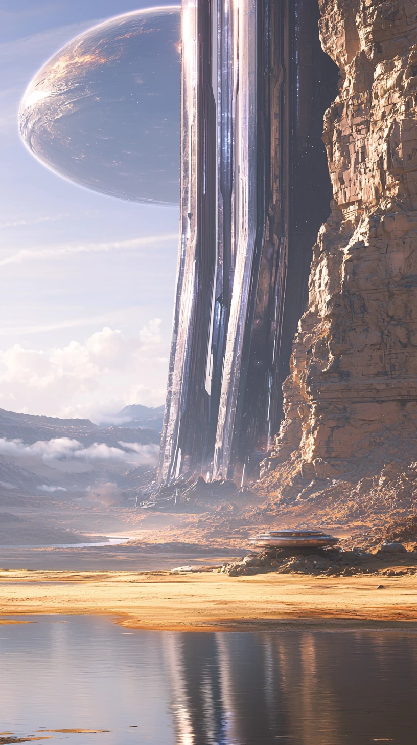 Colossal Monolithe de Cristal au‑dessus d’un Désert Doré Alien