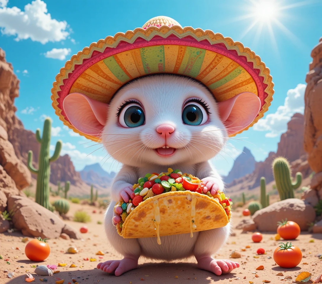 Ratinho branco fofo de sombrero comendo taco no deserto