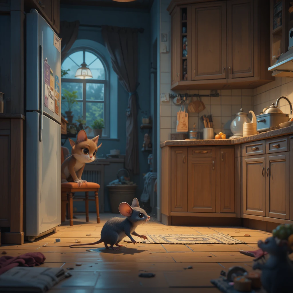 Rato fofo esgueirando-se por uma cozinha caseira acolhedora à noite