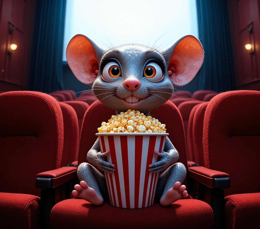 Rato cinza de desenho animado assistindo a um filme com pipoca