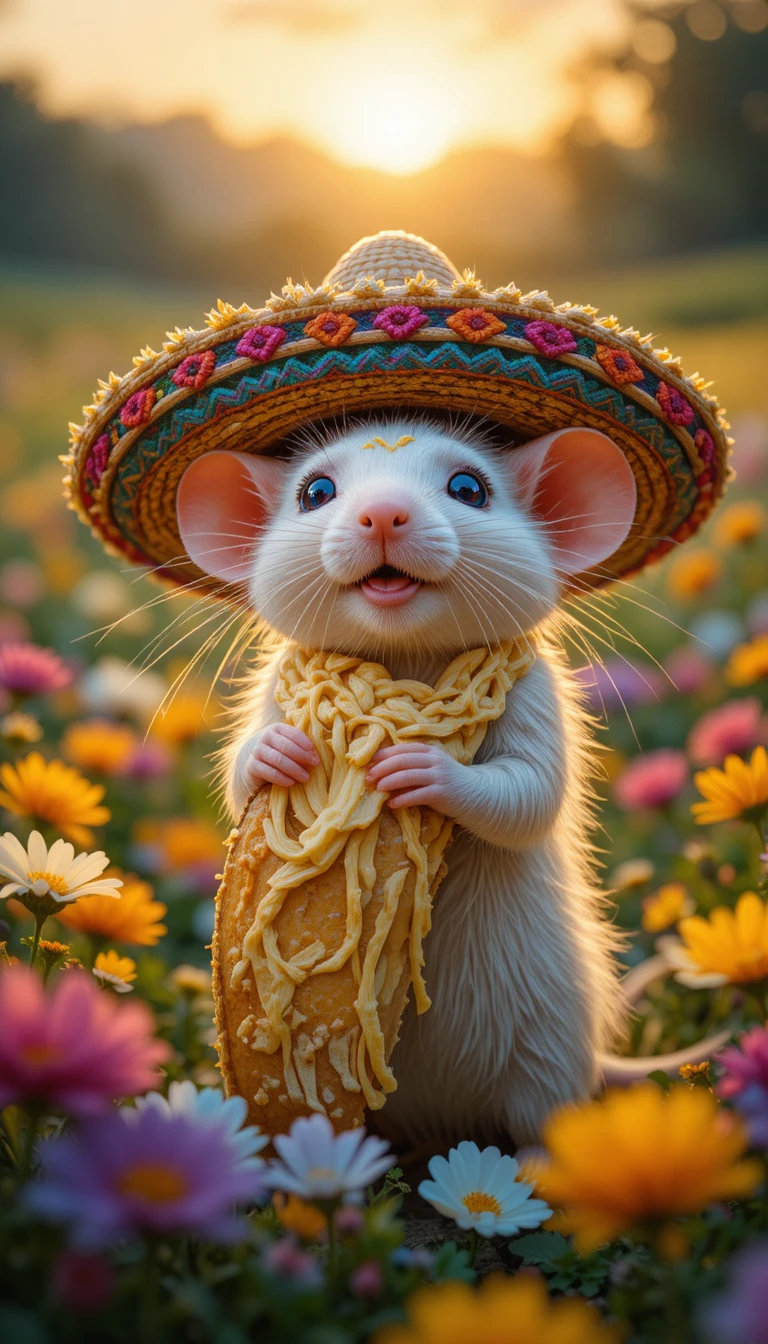 Guaxinim branco de sombrero comendo taco em campo ao pôr do sol