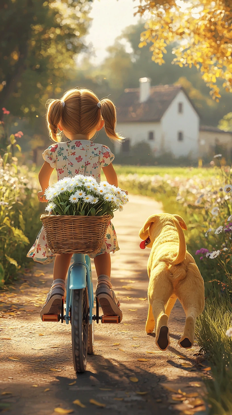 Kleines Mädchen fährt mit Hund auf sonniger Landstraße Fahrrad