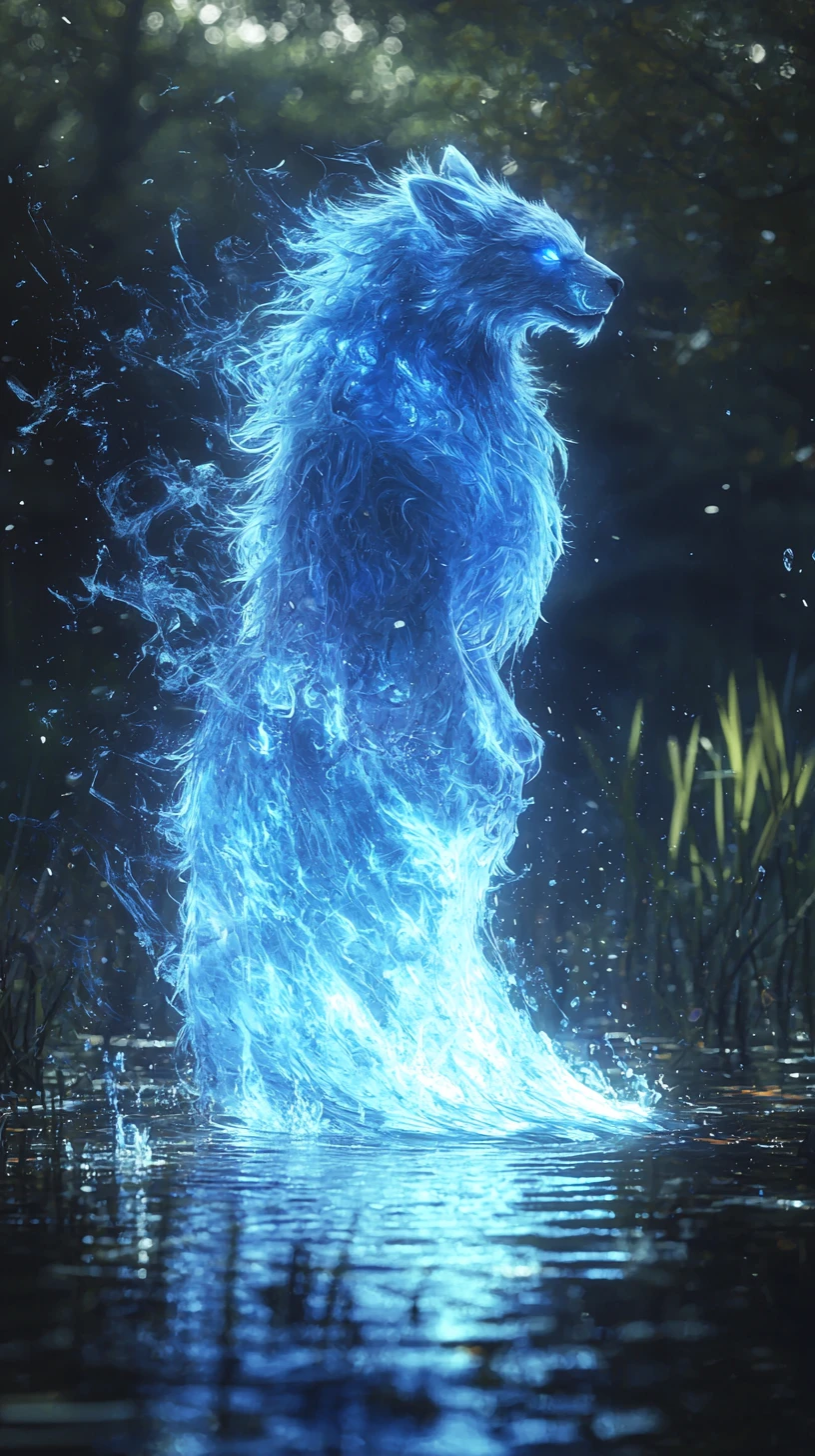 Élémentaire de mana bleu émergeant des eaux sombres du marais