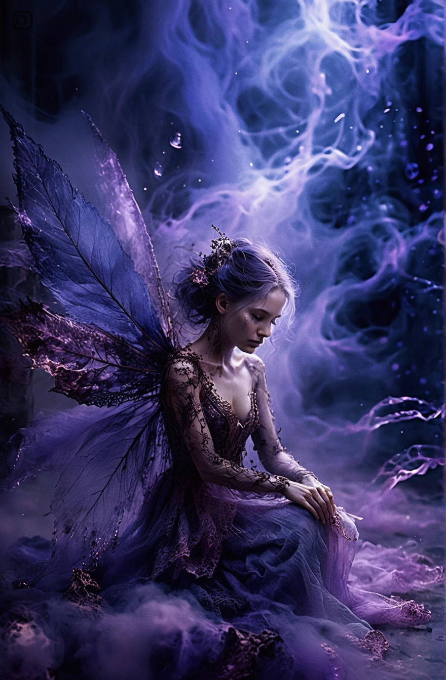 Femme triste émergeant d’une brume violette vivante – portrait