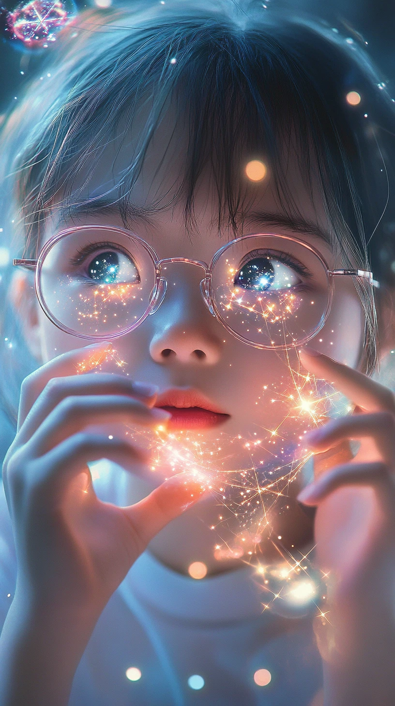 Ragazza che intreccia fili di luce stellare luminosa in galassie fluttuanti