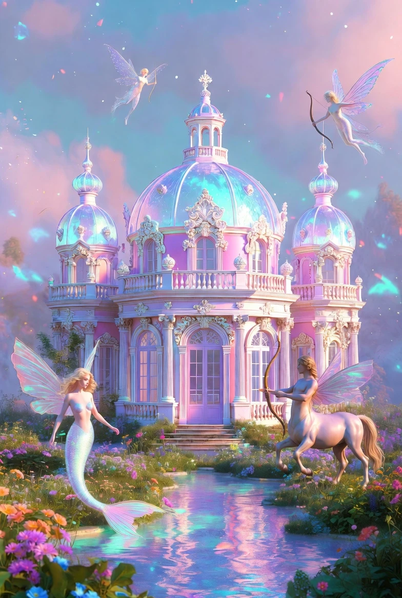 Orangerie de palácio fantástico com neon pastel e charme barroco