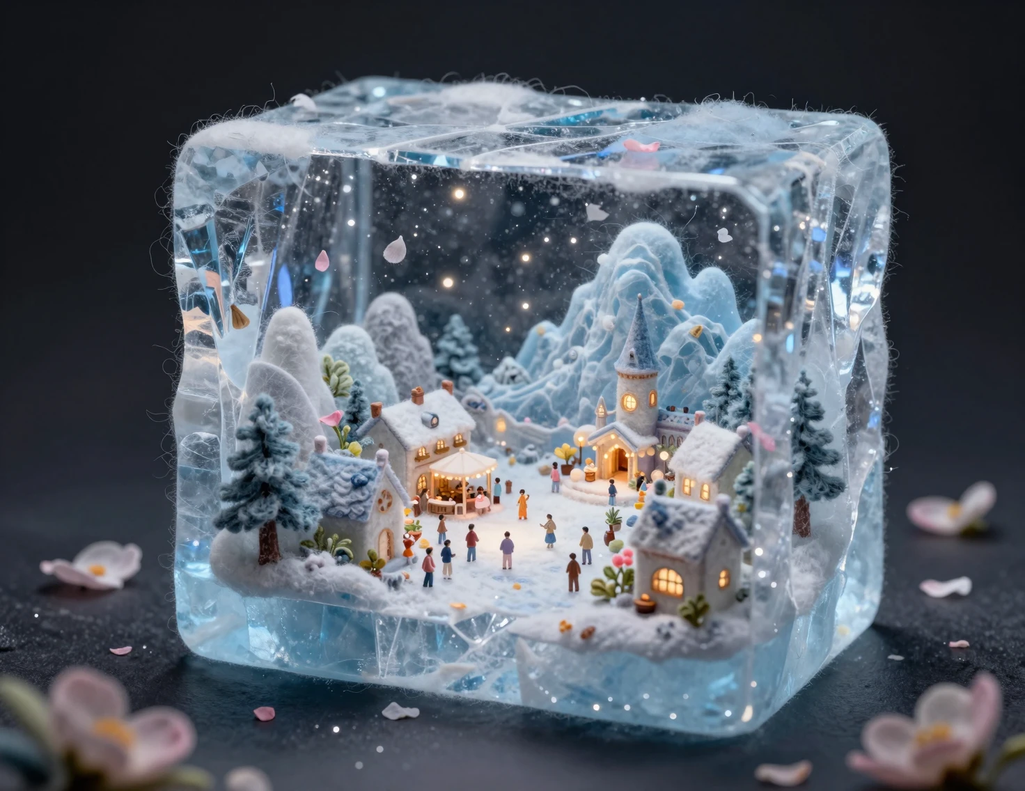 Festival del Villaggio in Feltro in Miniatura Congelato in un Blocco di Ghiaccio Trasparente
