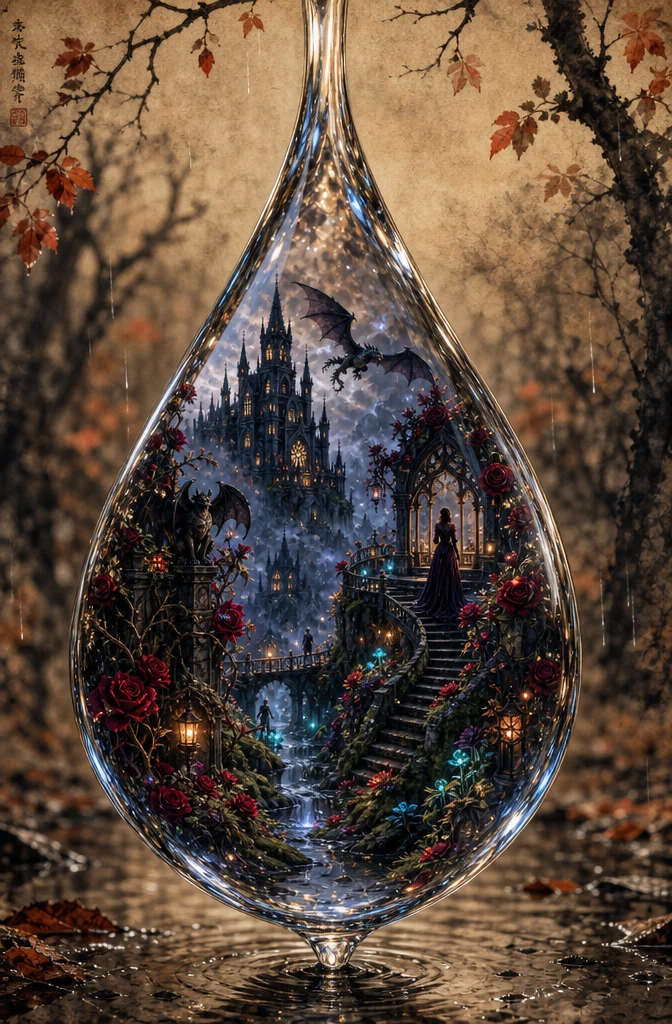 Minúsculo mundo de fantasia gótica dentro de uma gota de chuva de cristal
