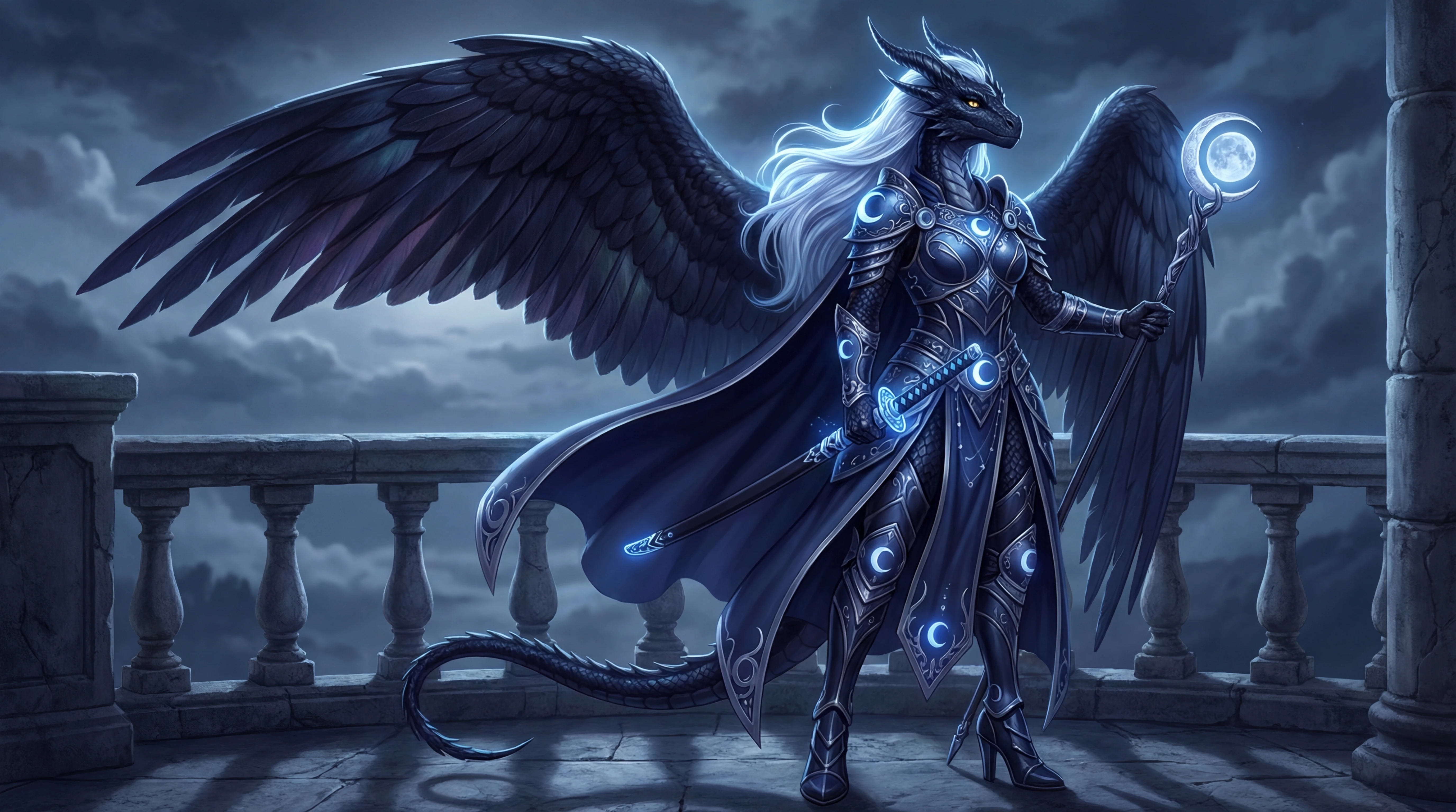 Regina drago alata con katana lunare e corona