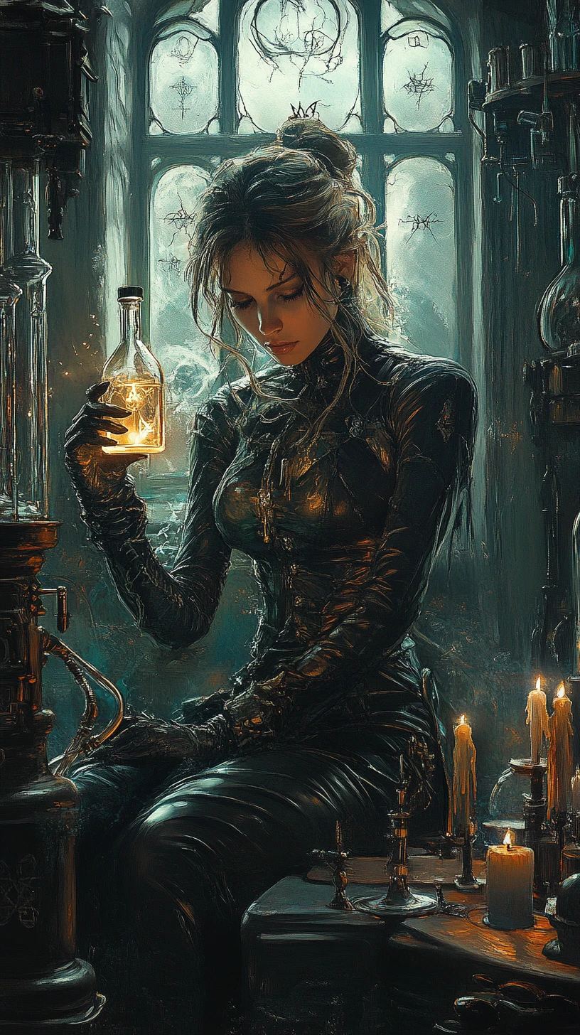 Donna in latex nero che tiene una fiala luminosa in un laboratorio oscuro