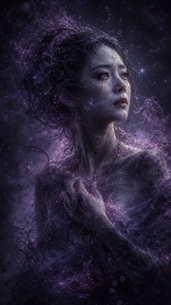 Femme triste émergeant d’une brume violette vivante dans l’obscurité