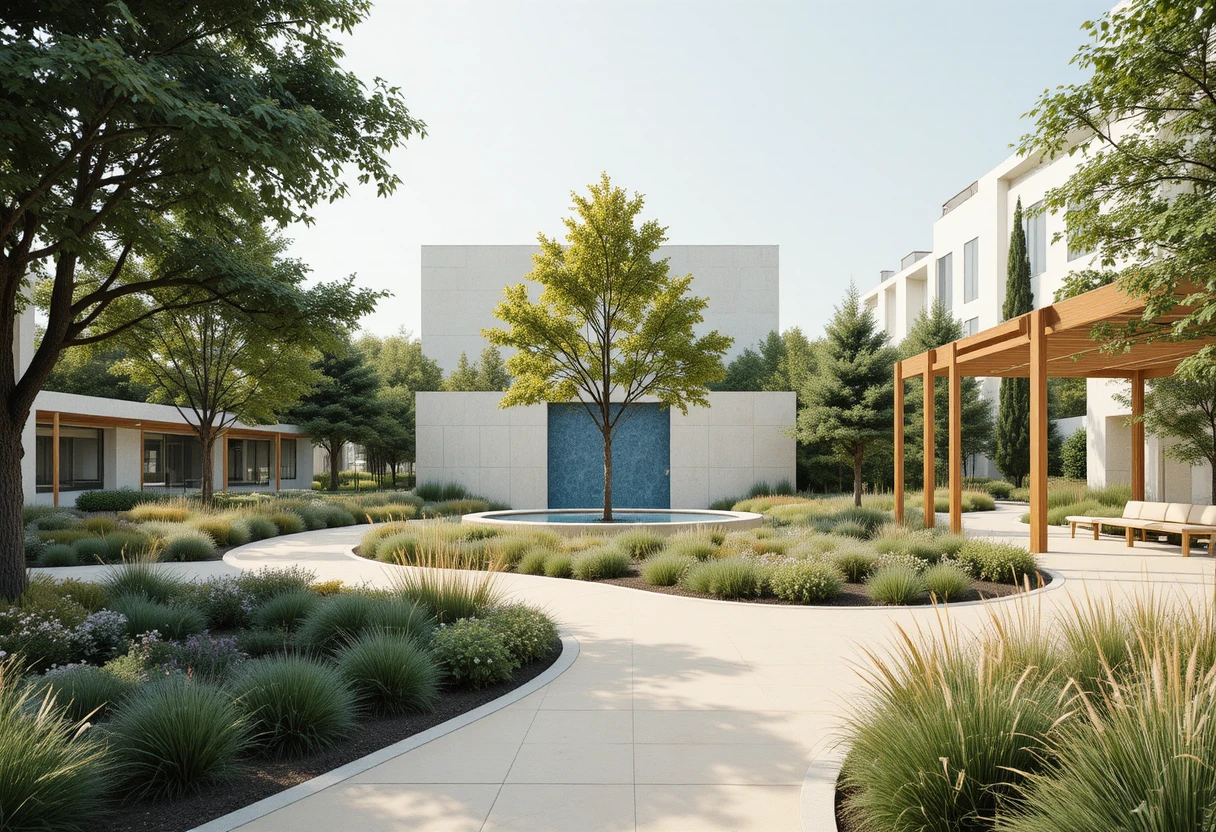 Giardino comunitario contemporaneo con albero centrale e parete d’acqua