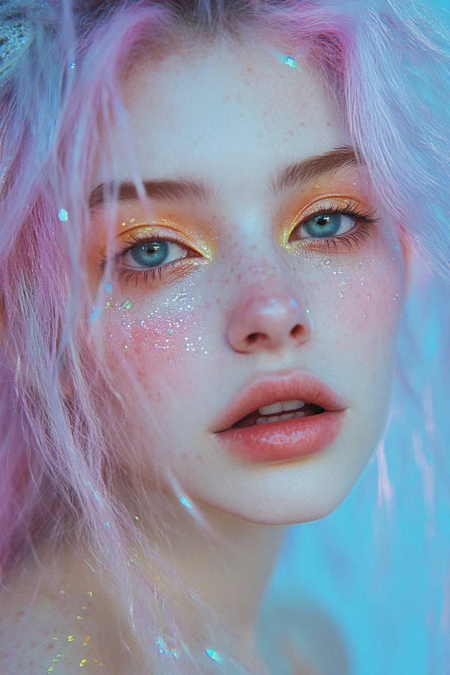 Ragazza fantasy pastello con colorato trucco barocco