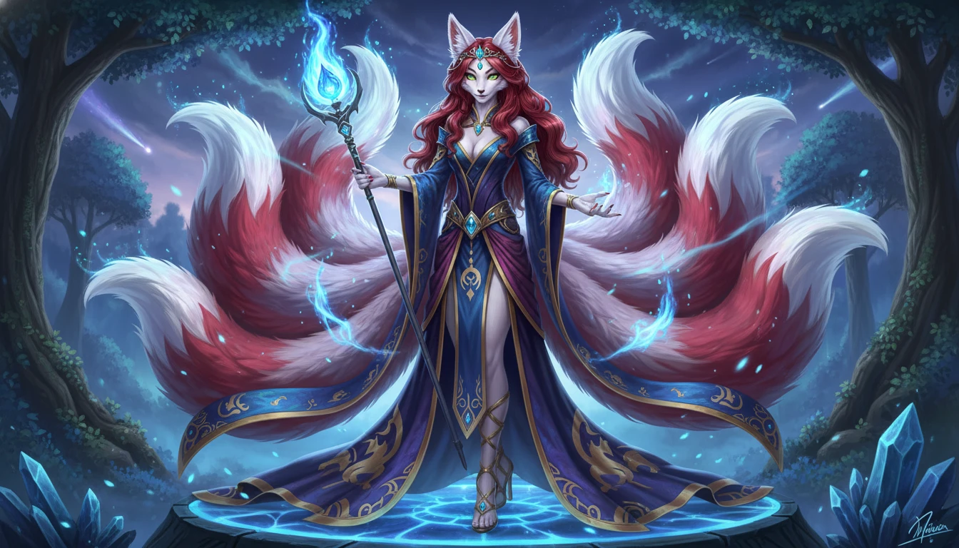 Reine kitsune blanche à neuf queues, majestueuse en tenue ornée