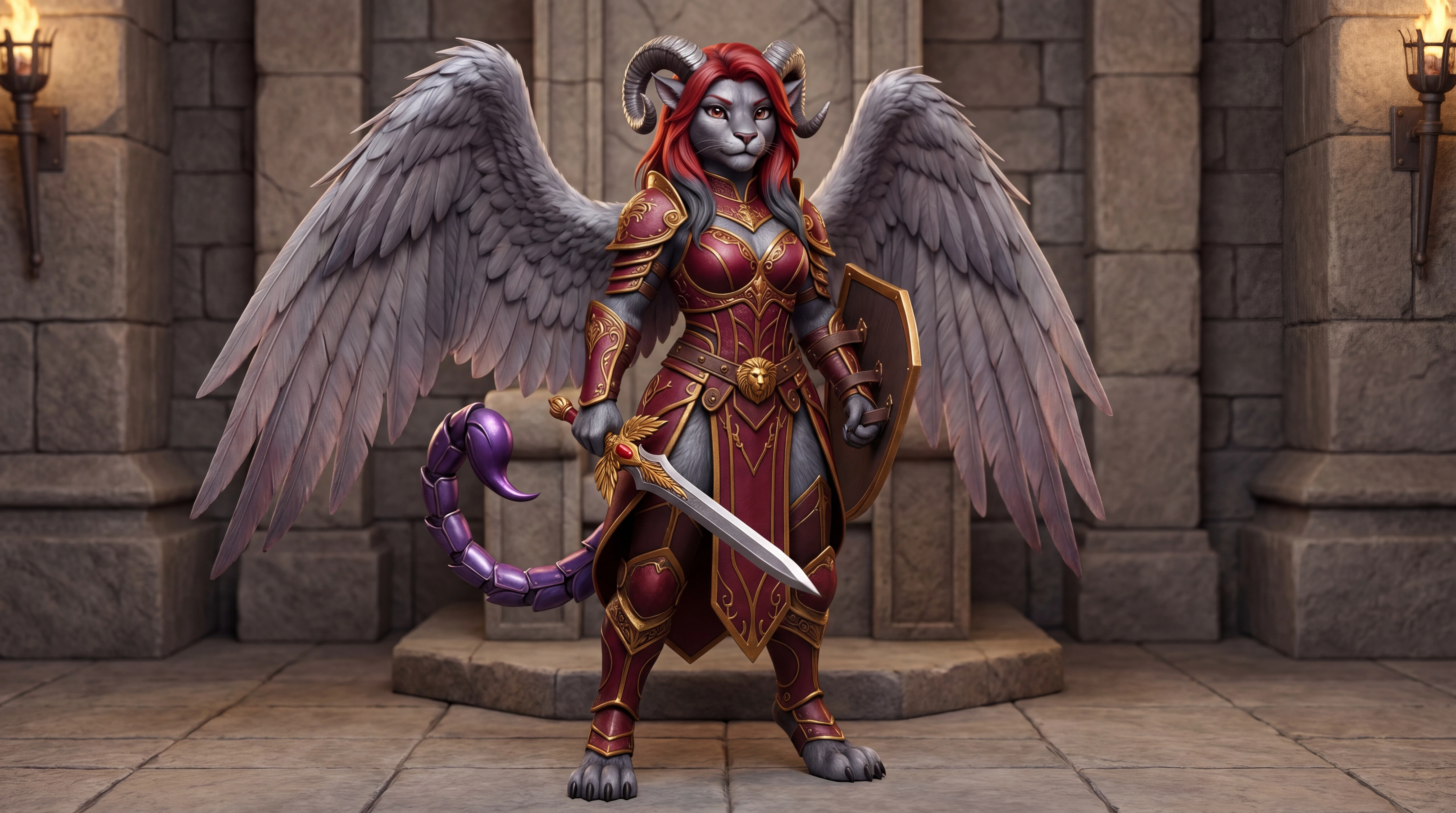 Reine manticore ailée en armure royale avec épée et bouclier
