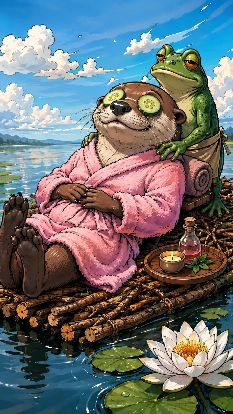 Loutre de dessin animé en peignoir rose se relaxant sur un radeau en bois