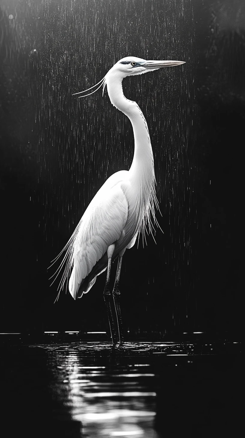 Garça em água escura com chuva surreal subindo