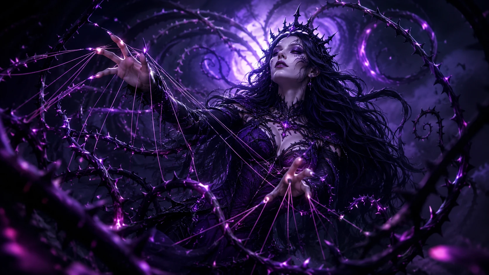 Femme mystérieuse tissant des lianes d’épines en spirale avec la magie