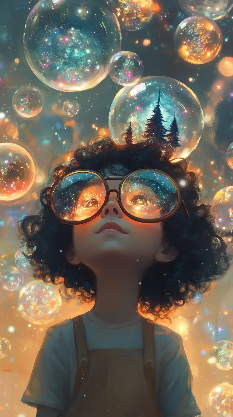 Enfant avec de grandes lunettes contemplant des mondes élémentaires flottants