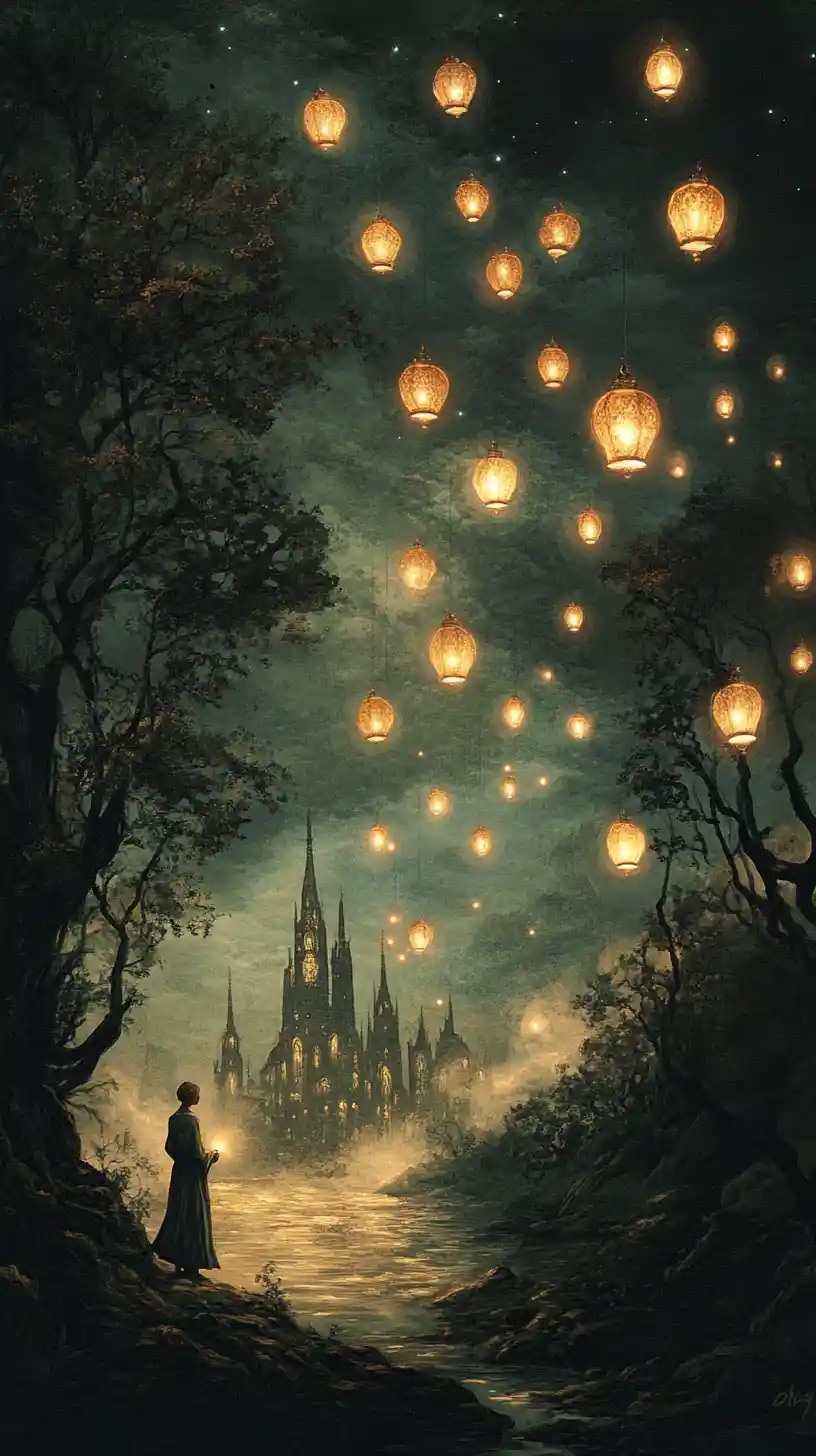 Serene figure guiding glowing lantern creatures across dark meadow