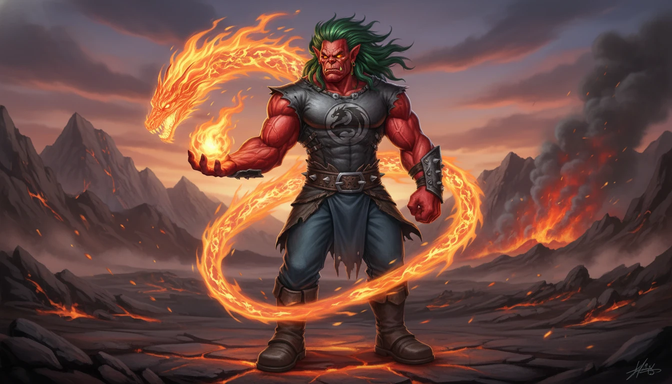 Mage orc rouge dragon de feu en vêtements modernes décontractés