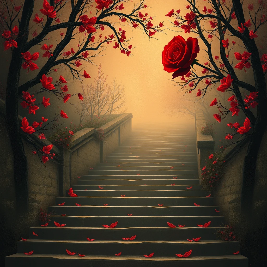 Surreale rote Rose über einer langen abwärts führenden Treppe