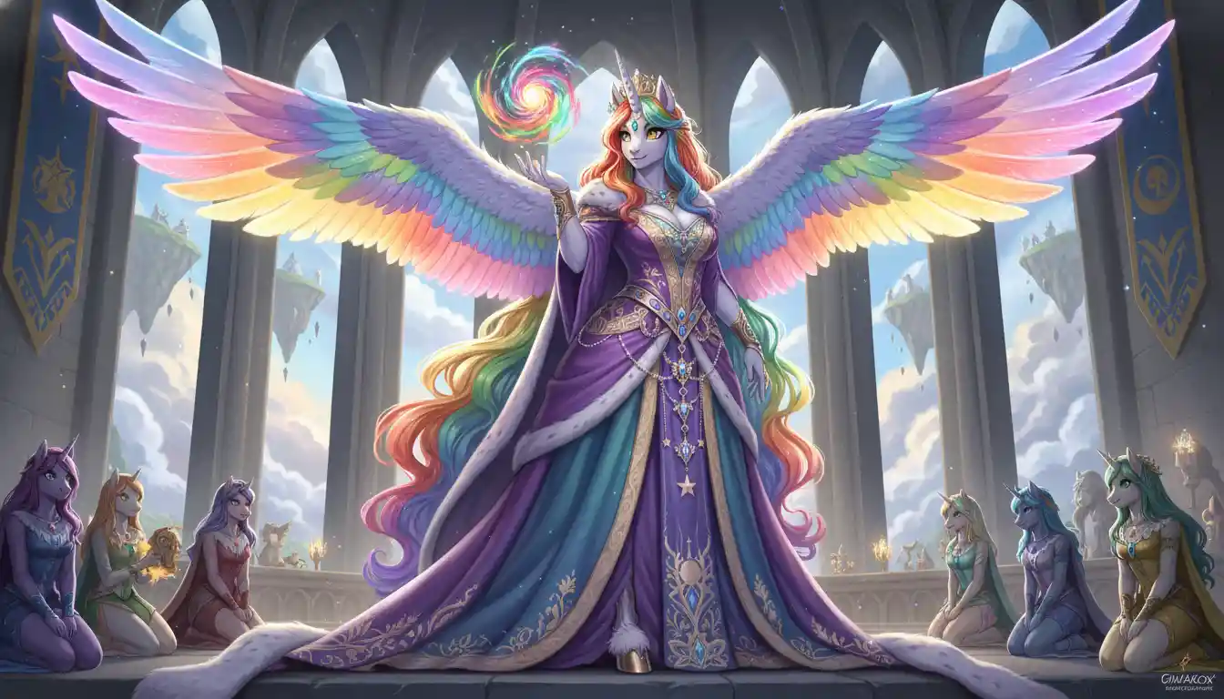 Winged rainbow alicorn queen with flowing multicolor hair