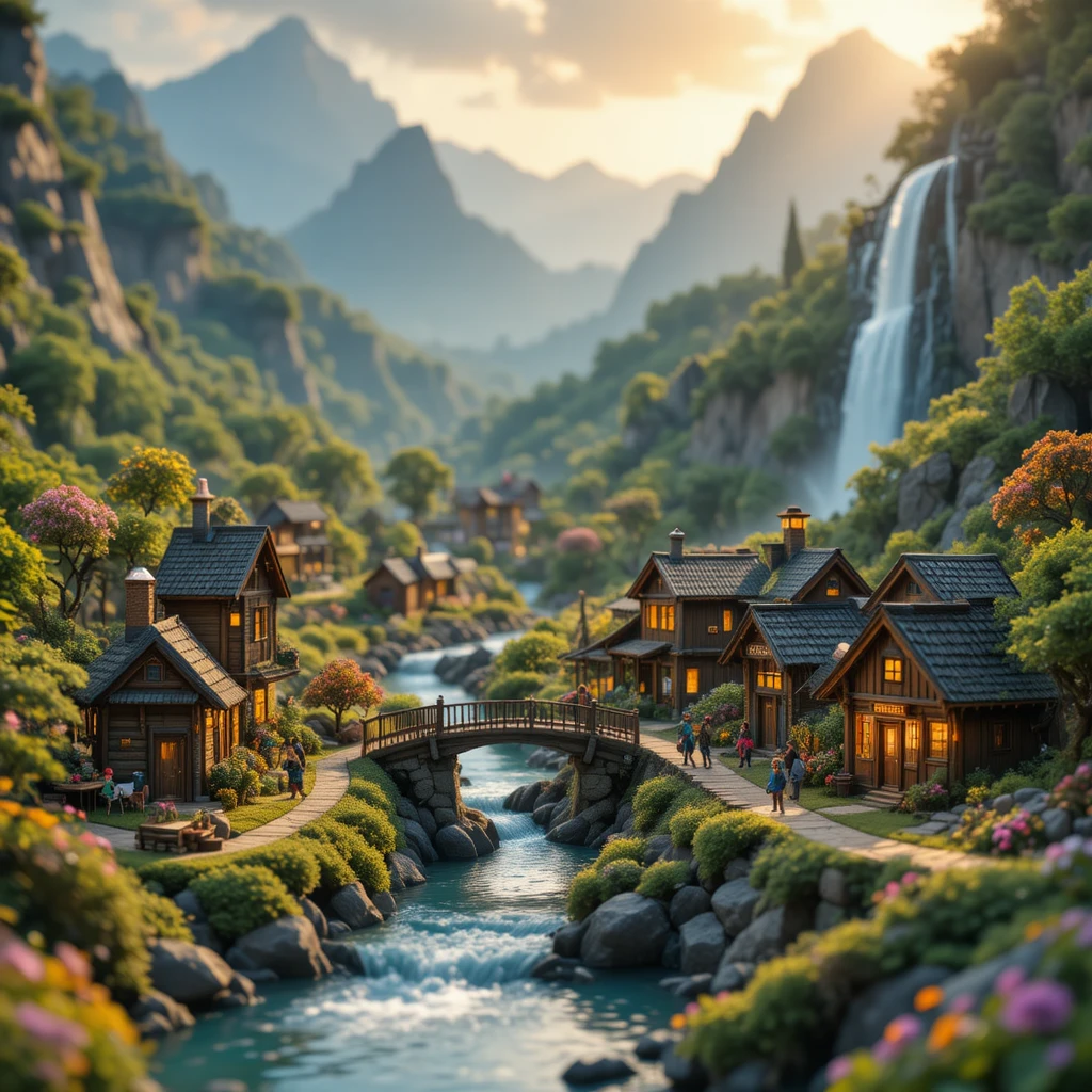 Magico villaggio in miniatura in una rigogliosa valle di montagna verde