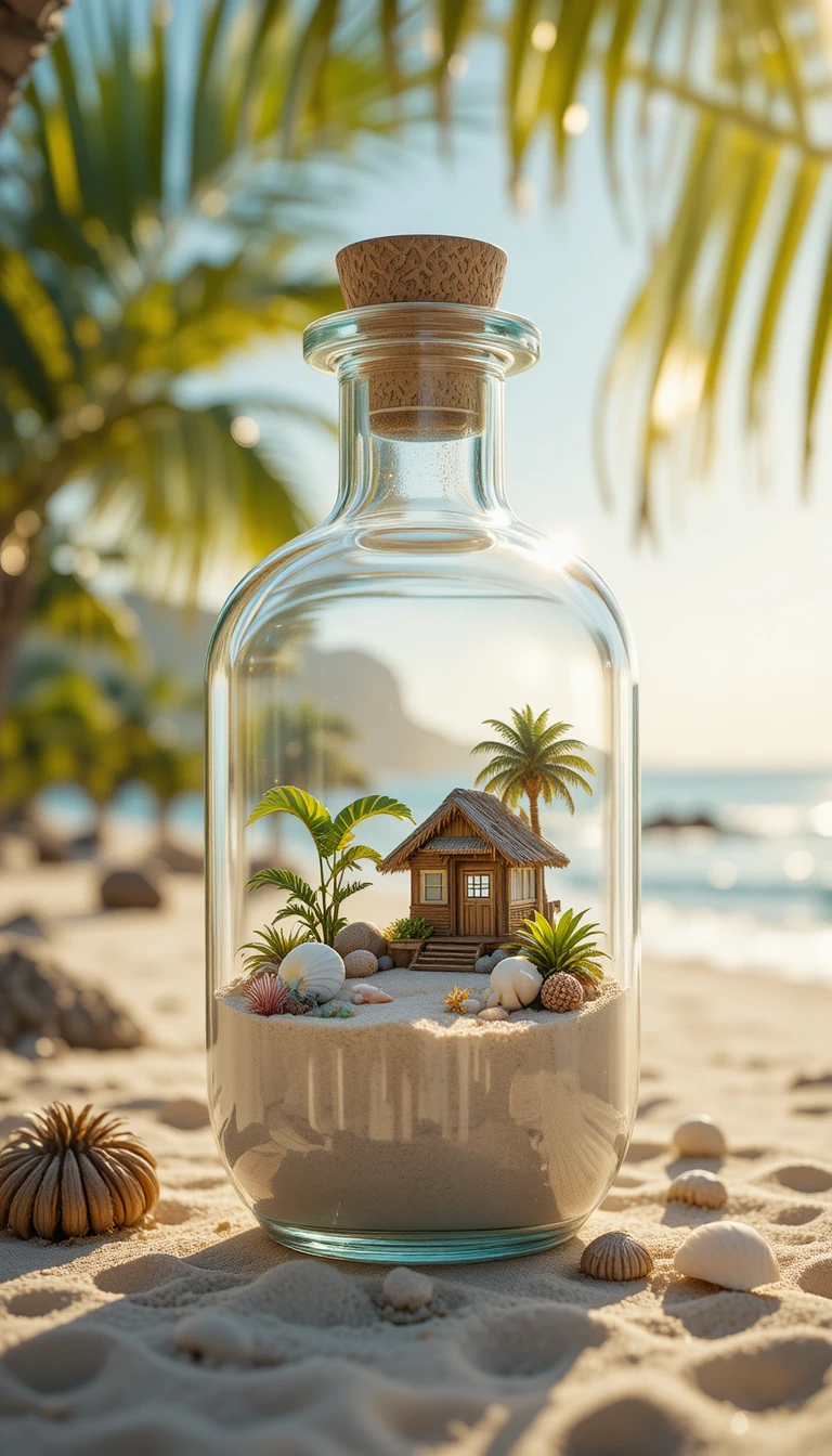 Tiny tropical island sanctuary inside a glass bottle