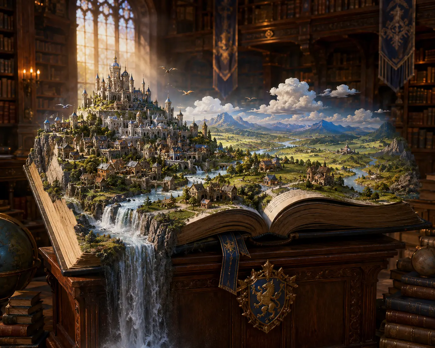 Città fantastica che emerge da un libro aperto su un podio
