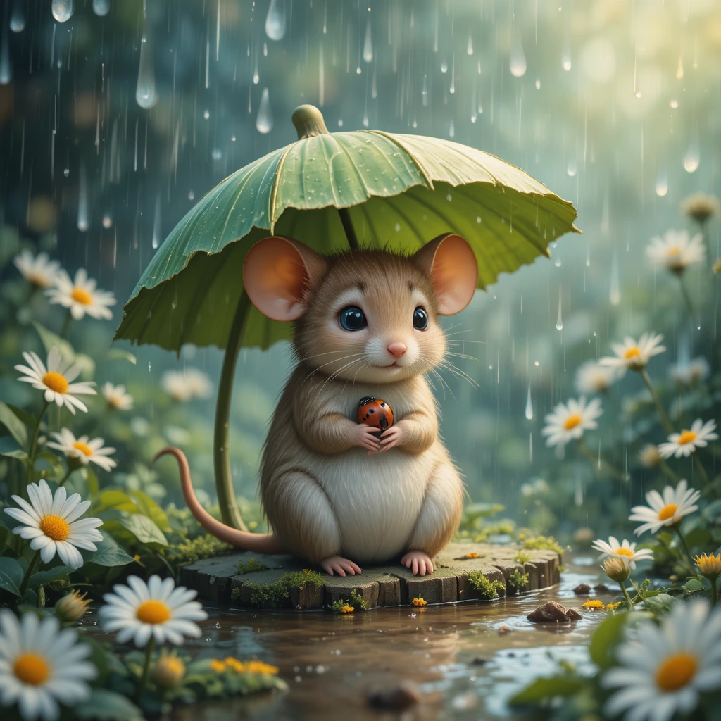 Ratinho se abrigando debaixo de uma folha na chuva