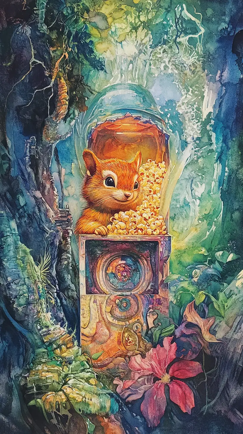 青々としたジャングルの水彩画に描かれた幸せそうなシマリスの肖像